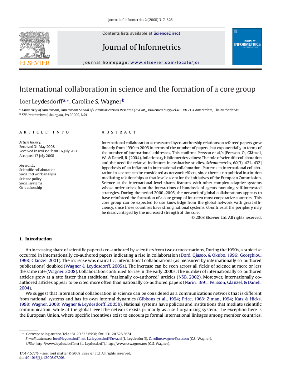 International collaboration in science and the formation of a core group