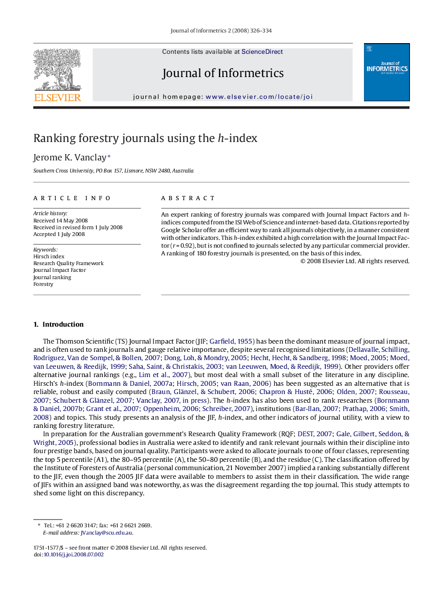 Ranking forestry journals using the h-index