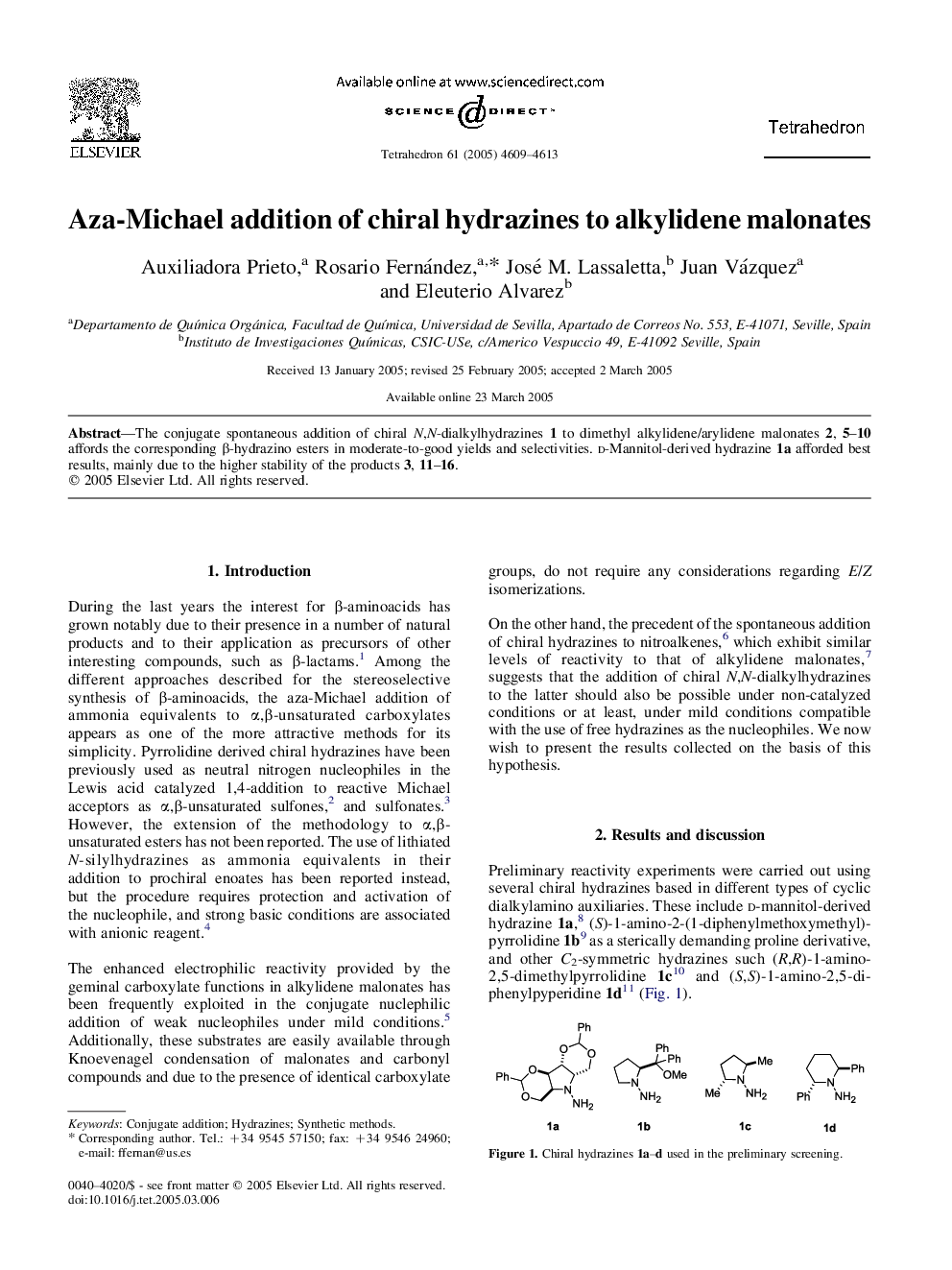 Aza-Michael addition of chiral hydrazines to alkylidene malonates