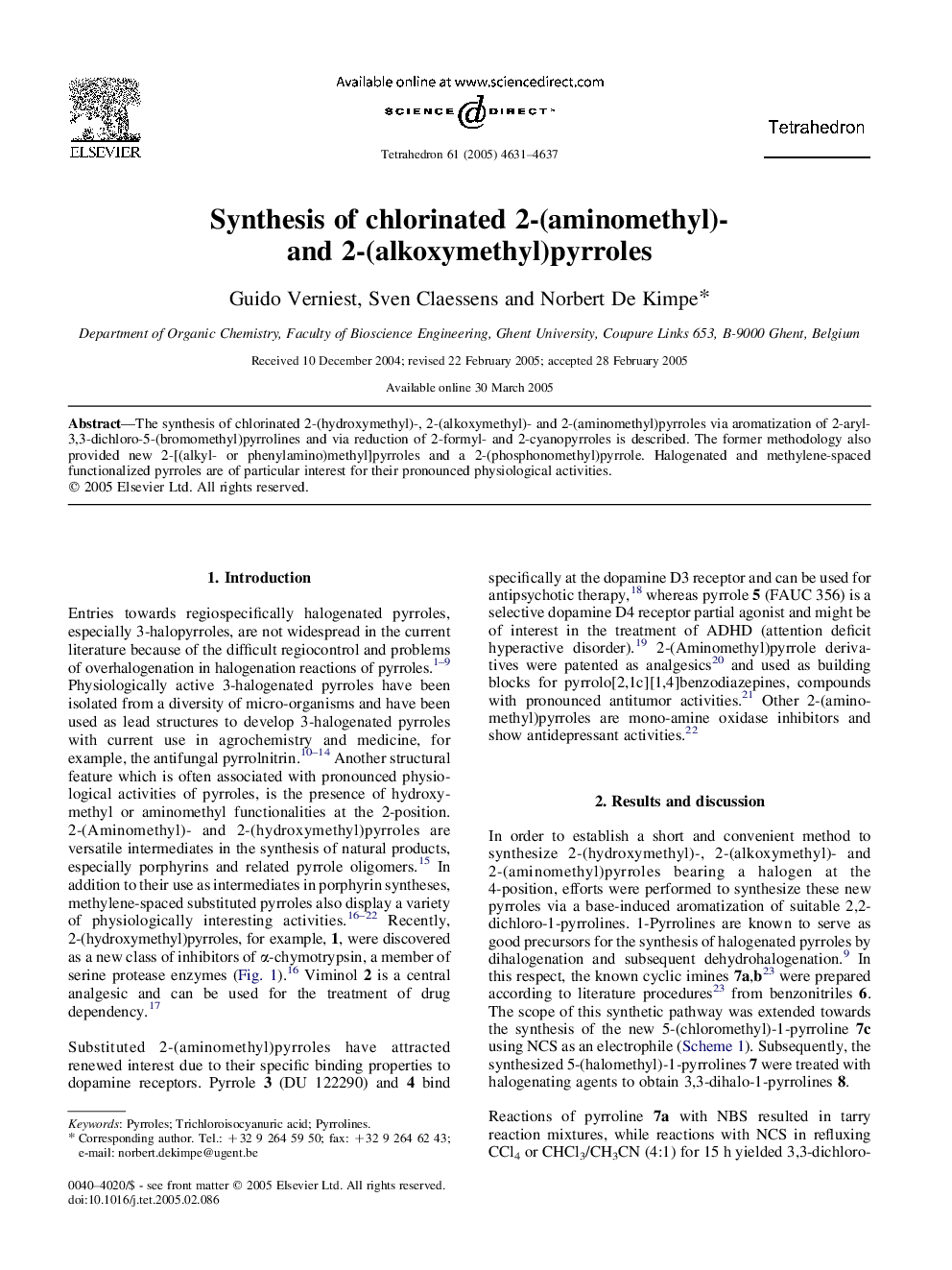 Synthesis of chlorinated 2-(aminomethyl)- and 2-(alkoxymethyl)pyrroles