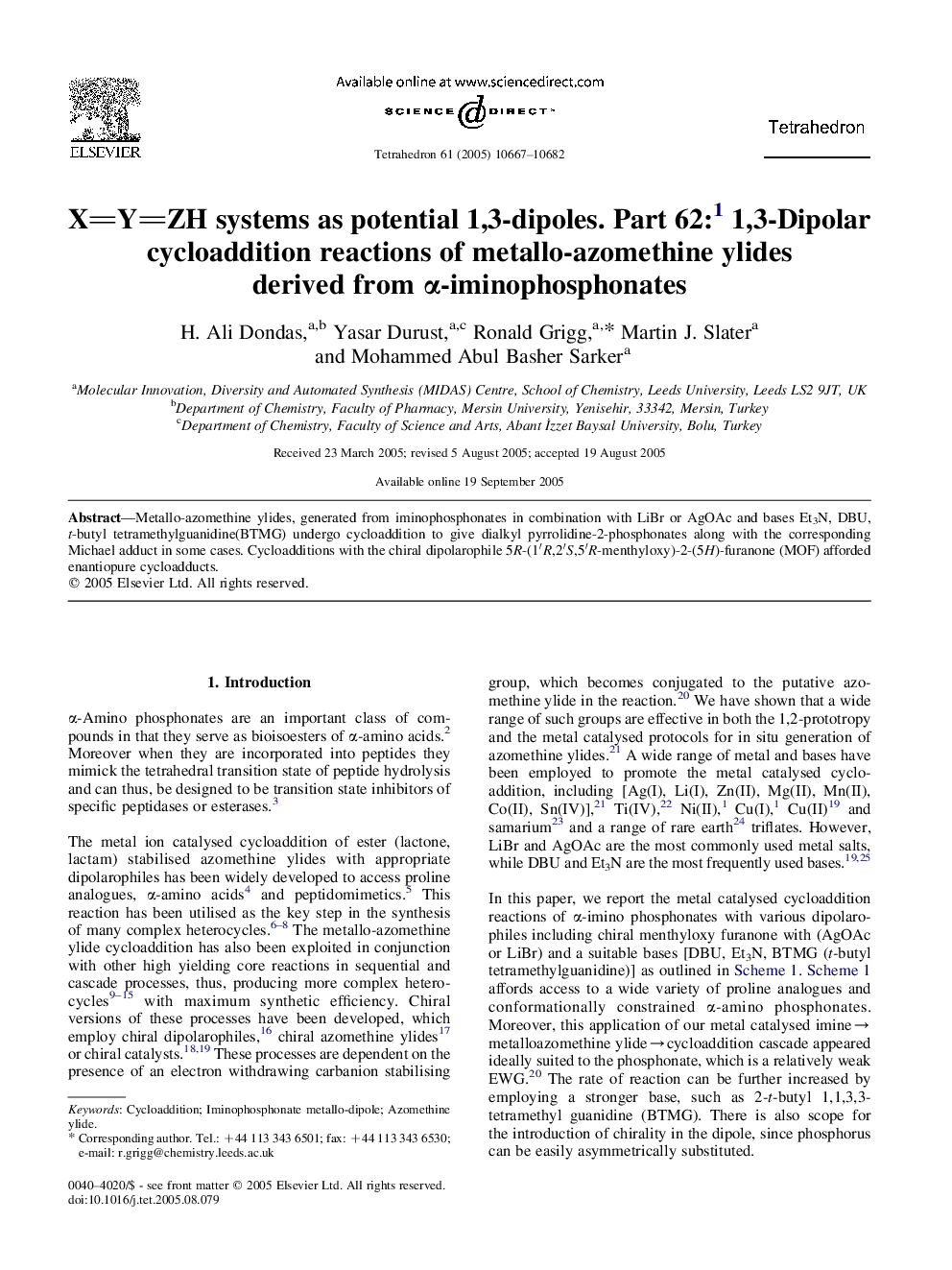 XYZH systems as potential 1,3-dipoles. Part 62:1 1,3-Dipolar cycloaddition reactions of metallo-azomethine ylides derived from Î±-iminophosphonates