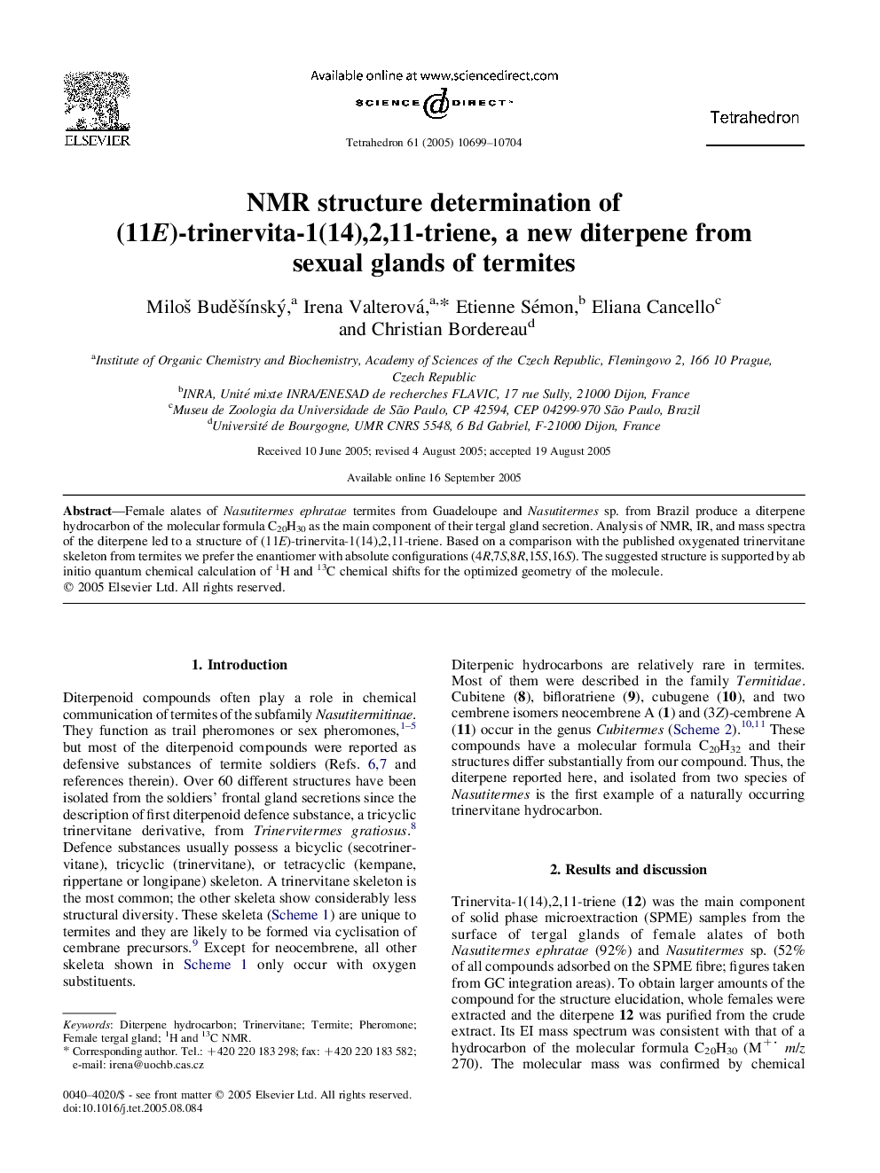 NMR structure determination of (11E)-trinervita-1(14),2,11-triene, a new diterpene from sexual glands of termites
