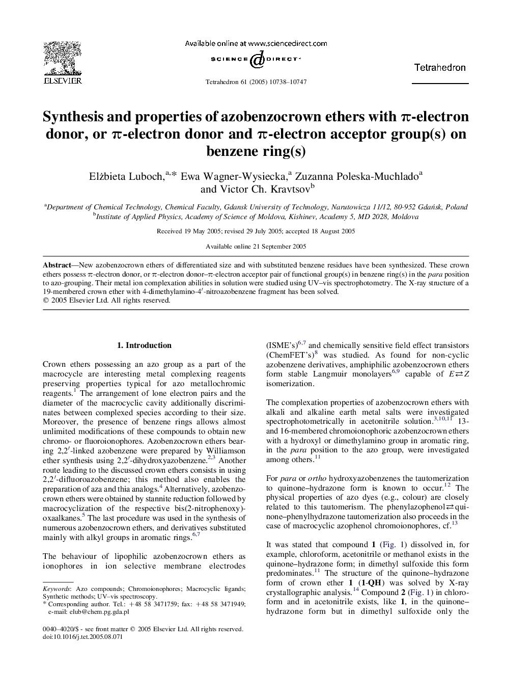 Synthesis and properties of azobenzocrown ethers with Ï-electron donor, or Ï-electron donor and Ï-electron acceptor group(s) on benzene ring(s)