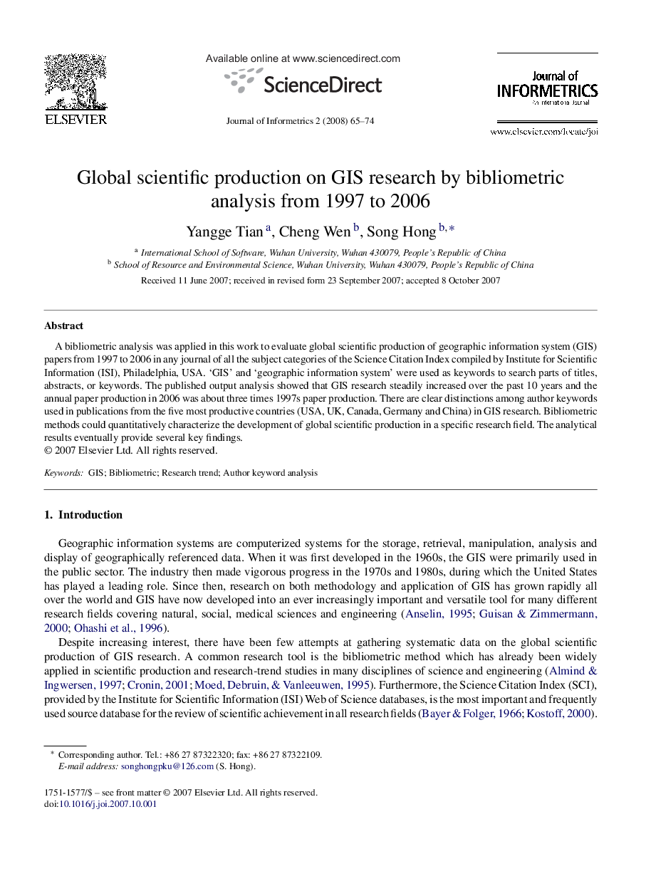 Global scientific production on GIS research by bibliometric analysis from 1997 to 2006