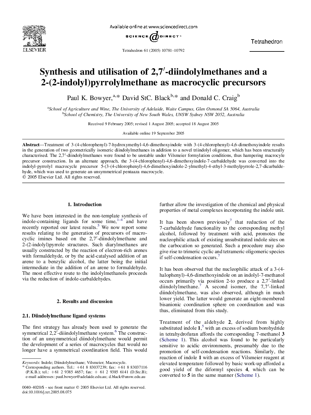 Synthesis and utilisation of 2,7â²-diindolylmethanes and a 2-(2-indolyl)pyrrolylmethane as macrocyclic precursors