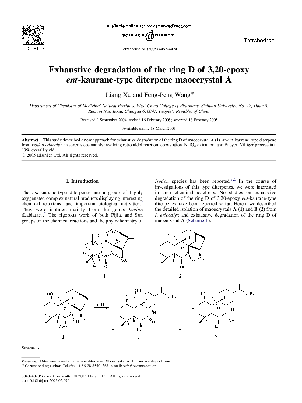 Exhaustive degradation of the ring D of 3,20-epoxy ent-kaurane-type diterpene maoecrystal A