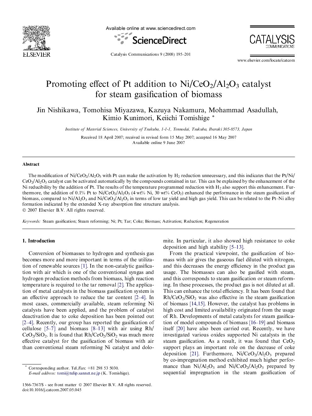 Promoting effect of Pt addition to Ni/CeO2/Al2O3 catalyst for steam gasification of biomass