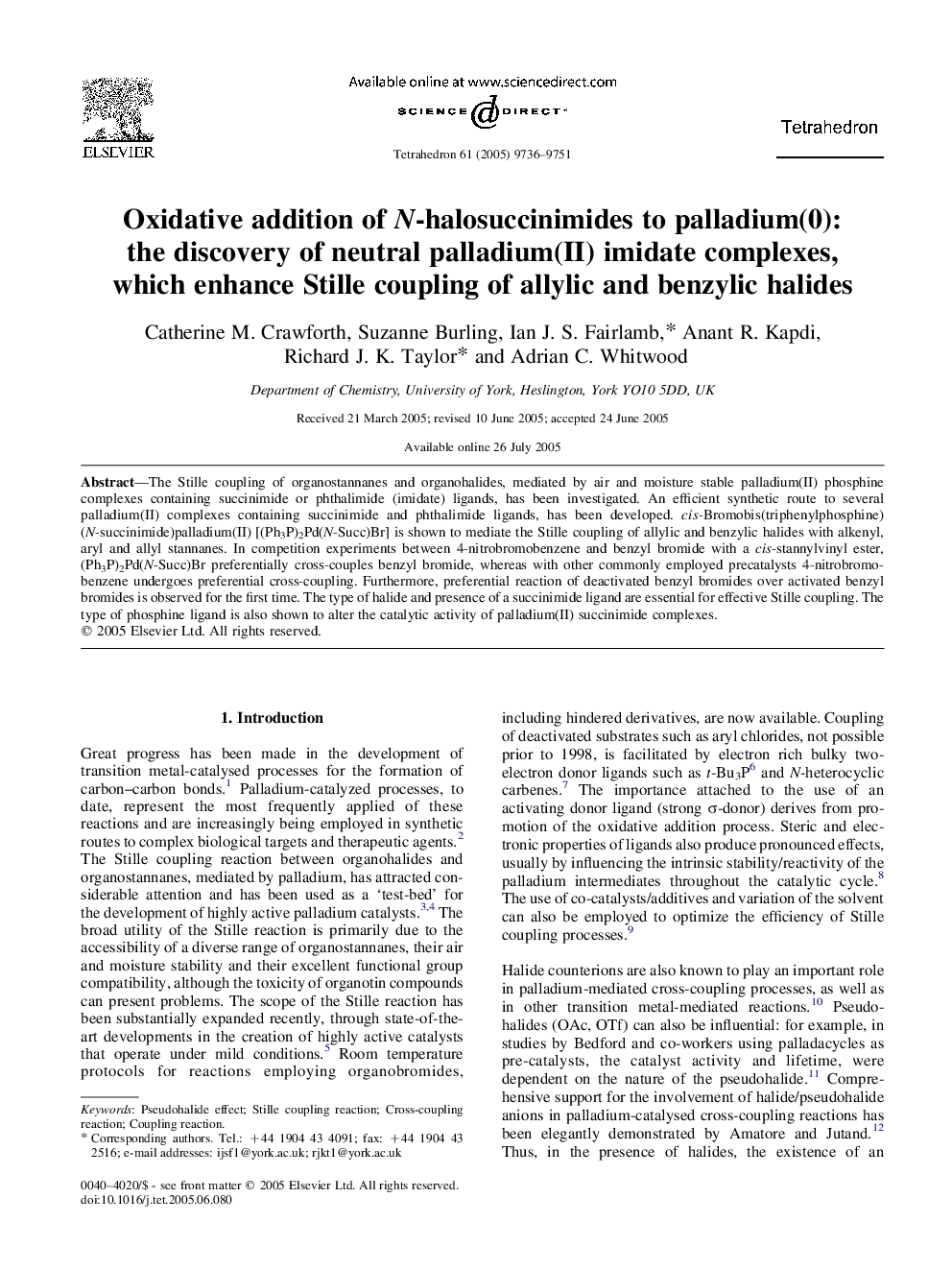 Oxidative addition of N-halosuccinimides to palladium(0): the discovery of neutral palladium(II) imidate complexes, which enhance Stille coupling of allylic and benzylic halides