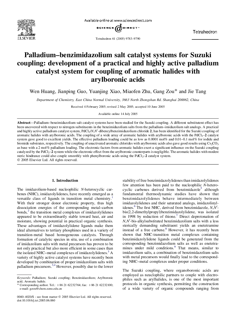 Palladium-benzimidazolium salt catalyst systems for Suzuki coupling: development of a practical and highly active palladium catalyst system for coupling of aromatic halides with arylboronic acids