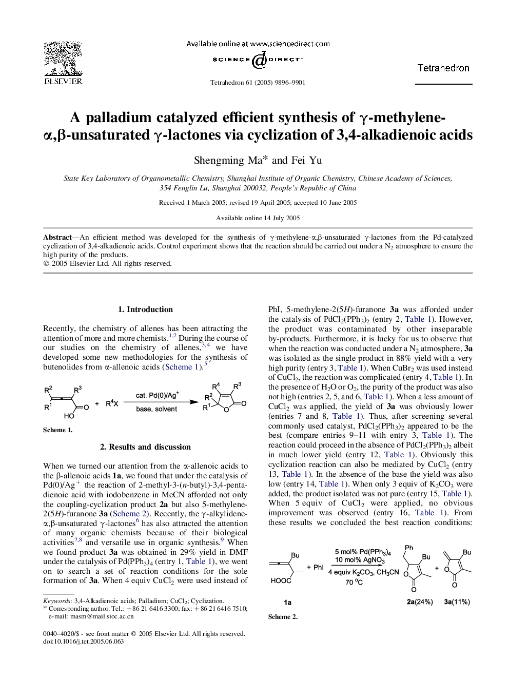 A palladium catalyzed efficient synthesis of Î³-methylene-Î±,Î²-unsaturated Î³-lactones via cyclization of 3,4-alkadienoic acids