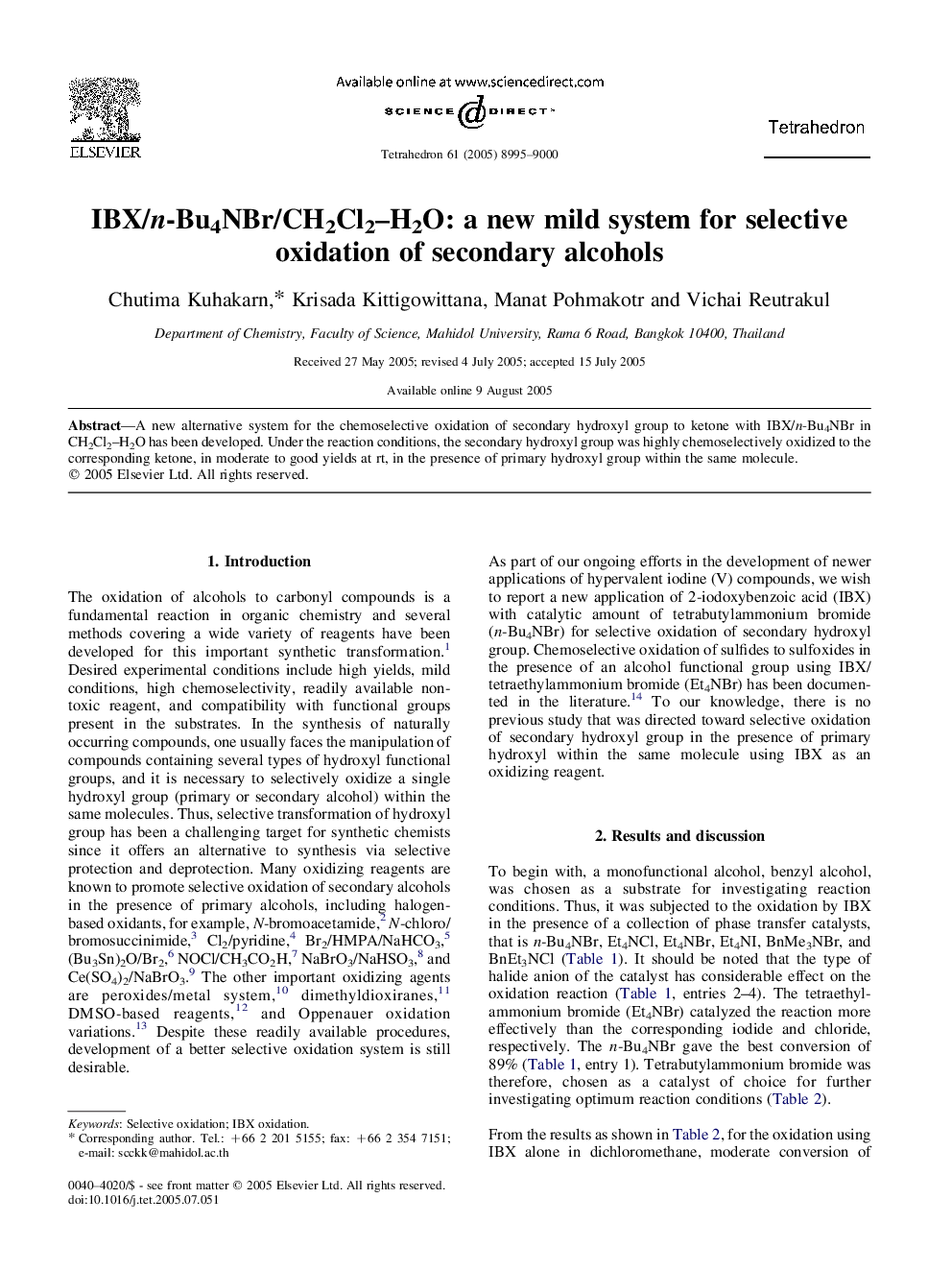 IBX/n-Bu4NBr/CH2Cl2-H2O: a new mild system for selective oxidation of secondary alcohols