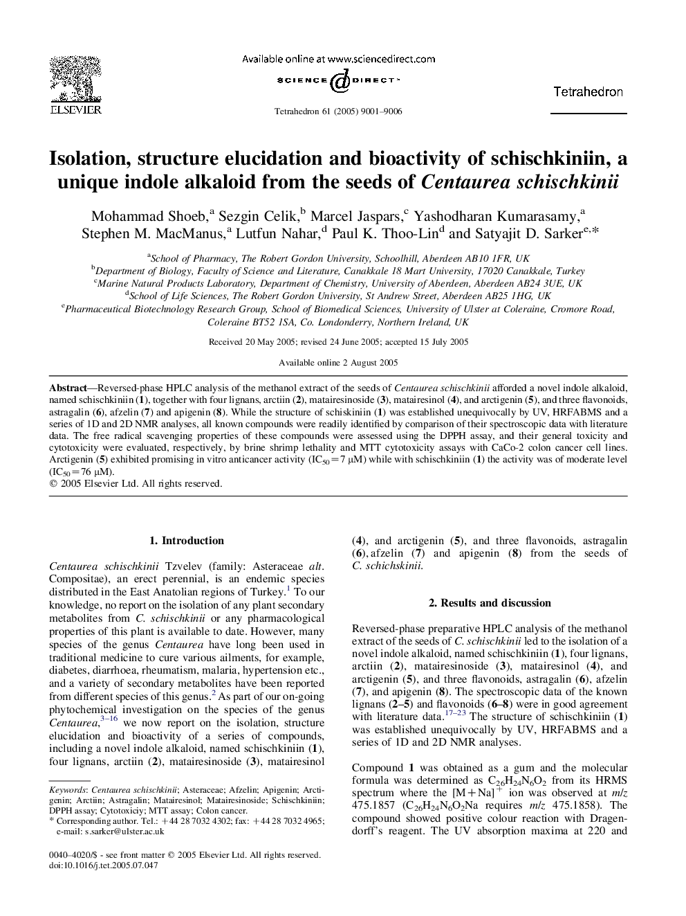 Isolation, structure elucidation and bioactivity of schischkiniin, a unique indole alkaloid from the seeds of Centaurea schischkinii