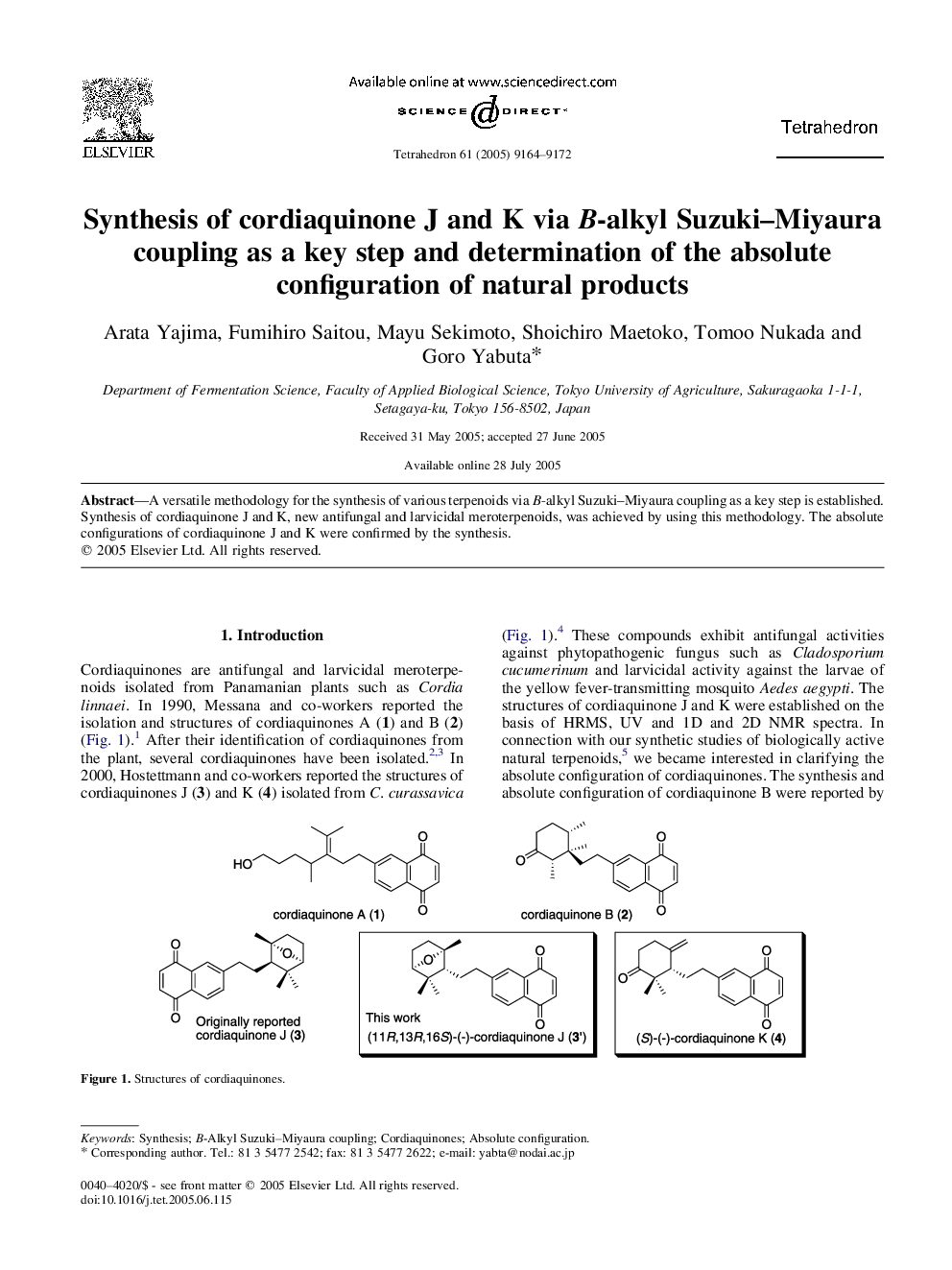 Synthesis of cordiaquinone J and K via B-alkyl Suzuki-Miyaura coupling as a key step and determination of the absolute configuration of natural products