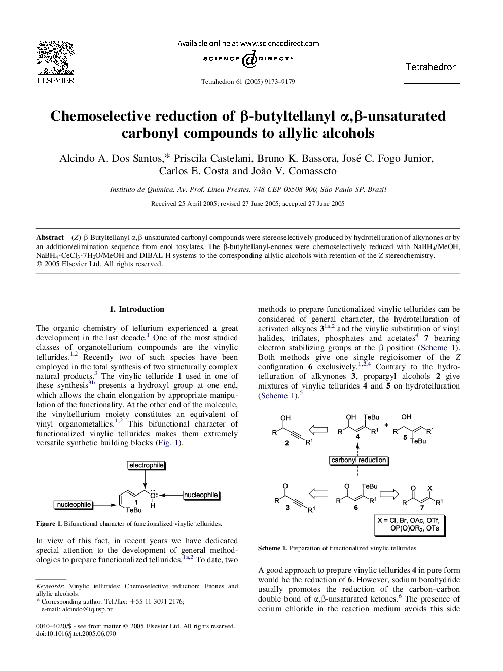 Chemoselective reduction of Î²-butyltellanyl Î±,Î²-unsaturated carbonyl compounds to allylic alcohols