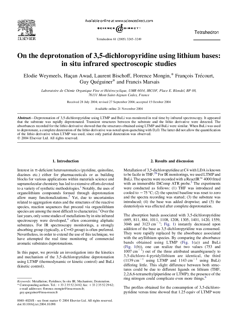 On the deprotonation of 3,5-dichloropyridine using lithium bases: in situ infrared spectroscopic studies