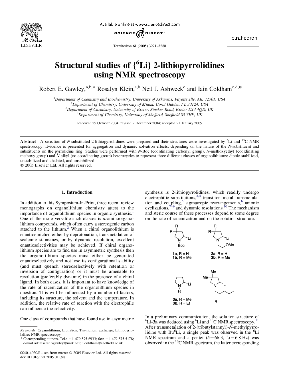 Structural studies of {6Li} 2-lithiopyrrolidines using NMR spectroscopy