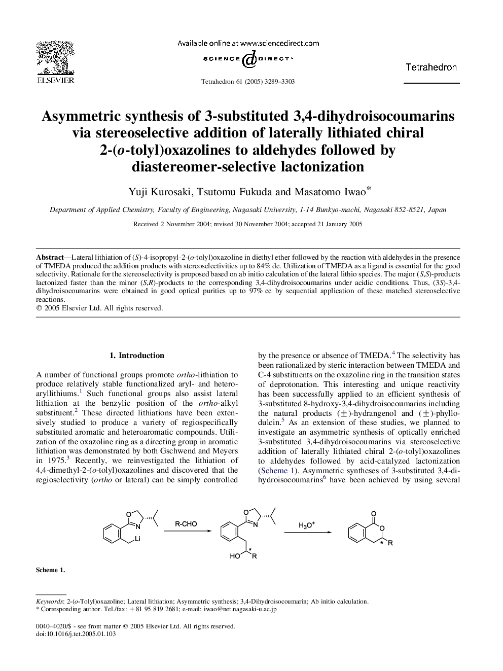 Asymmetric synthesis of 3-substituted 3,4-dihydroisocoumarins via stereoselective addition of laterally lithiated chiral 2-(o-tolyl)oxazolines to aldehydes followed by diastereomer-selective lactonization