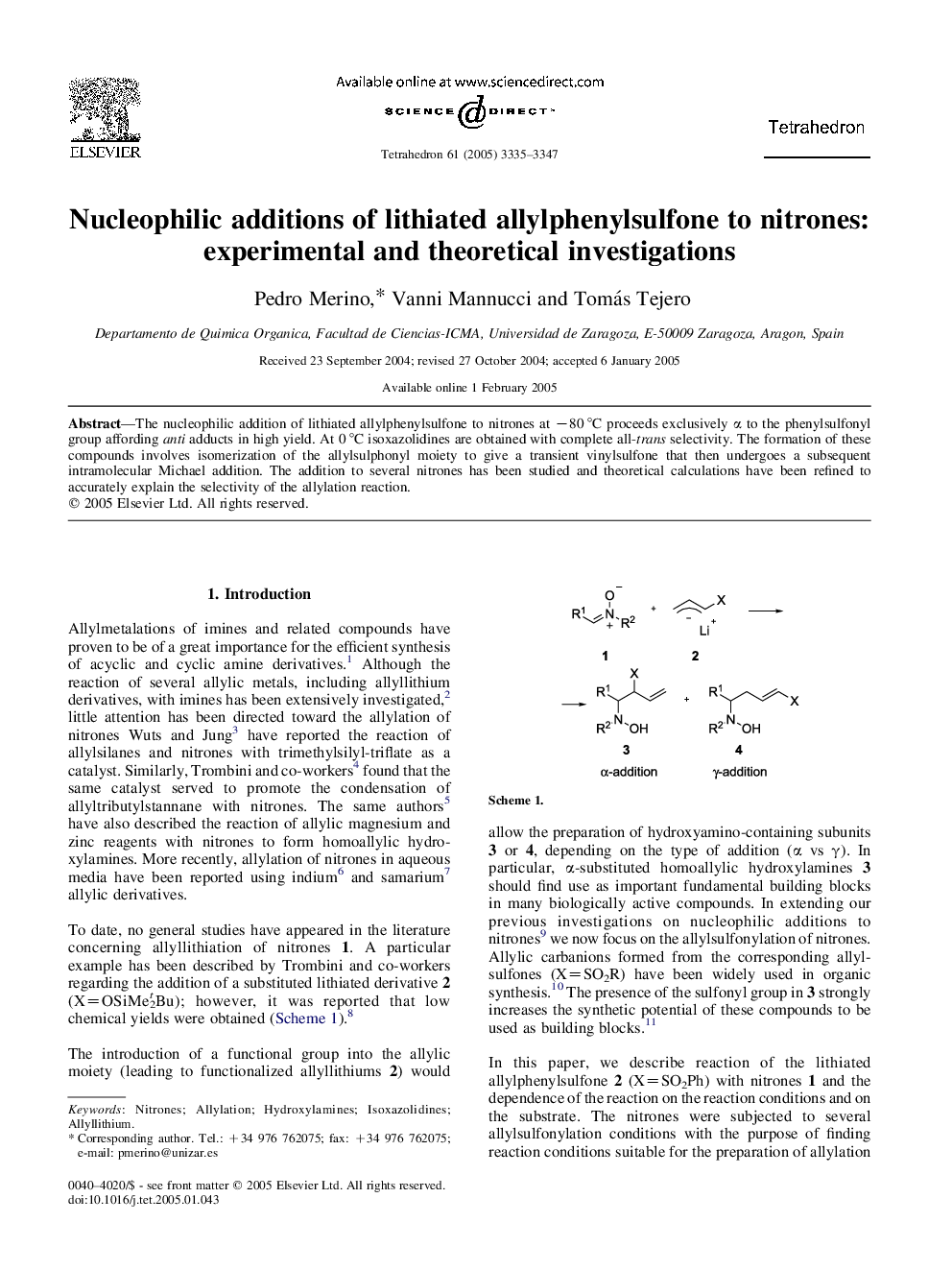 Nucleophilic additions of lithiated allylphenylsulfone to nitrones: experimental and theoretical investigations