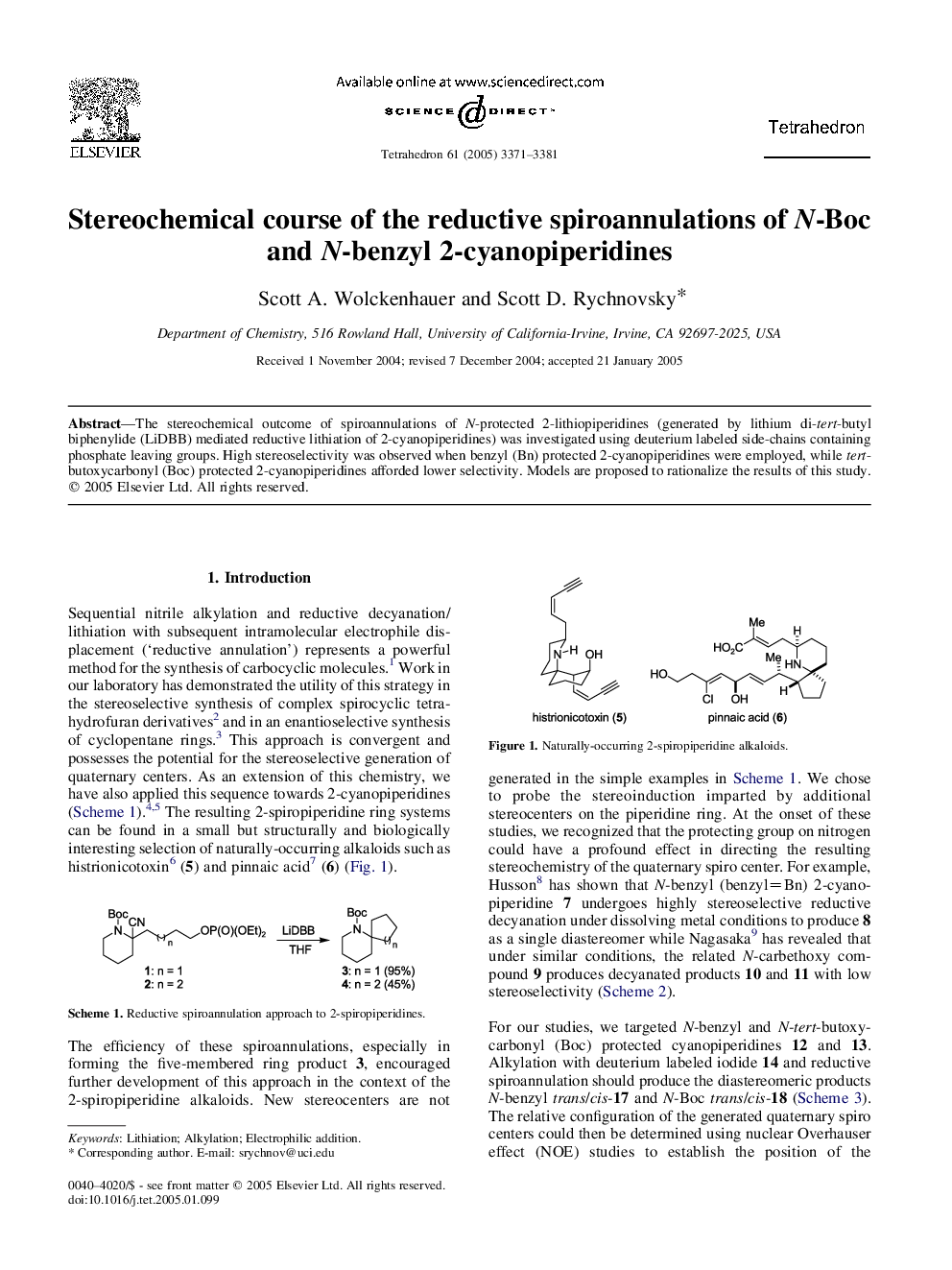 Stereochemical course of the reductive spiroannulations of N-Boc and N-benzyl 2-cyanopiperidines