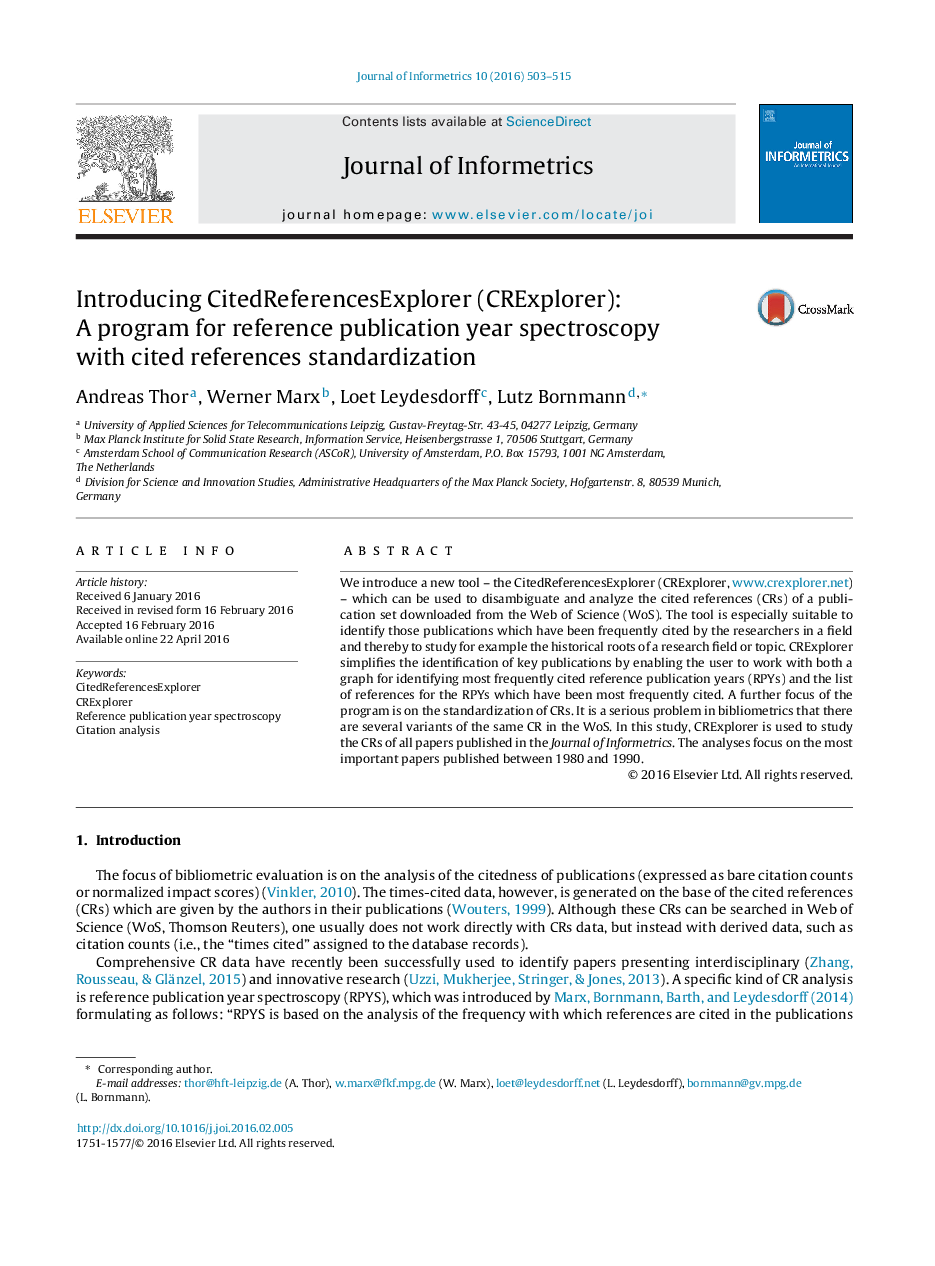 معرفی CitedReferencesExplorer (CRExplorer): یک برنامه برای طیف سنجی سال انتشار مرجع با استانداردسازی استناد 