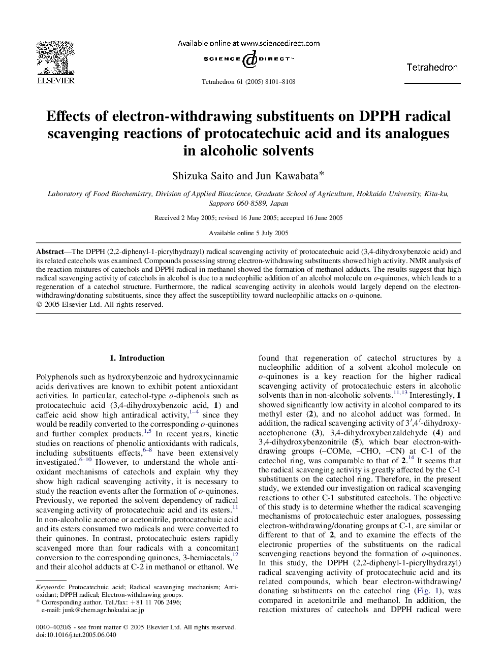 Effects of electron-withdrawing substituents on DPPH radical scavenging reactions of protocatechuic acid and its analogues in alcoholic solvents