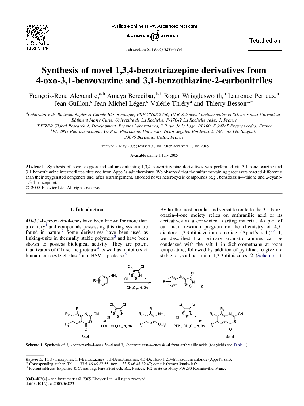 عکس صفحه اول مقاله: Synthesis of novel 1,3,4-benzotriazepine derivatives from 4-oxo-3,1-benzoxazine and 3,1-benzothiazine-2-carbonitriles Synthesis of novel 1,3,4-benzotriazepine derivatives from 4-oxo-3,1-benzoxazine and 3,1-benzothiazine-2-carbonitriles