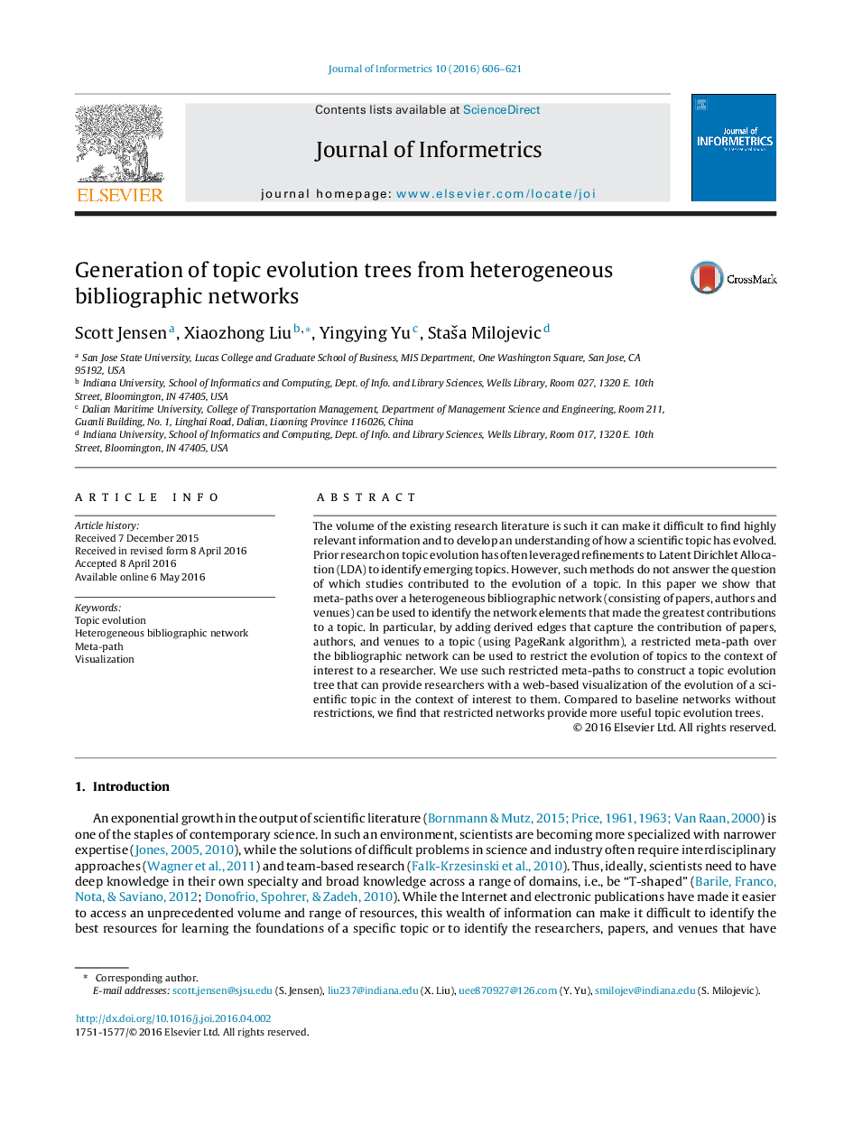 Generation of topic evolution trees from heterogeneous bibliographic networks