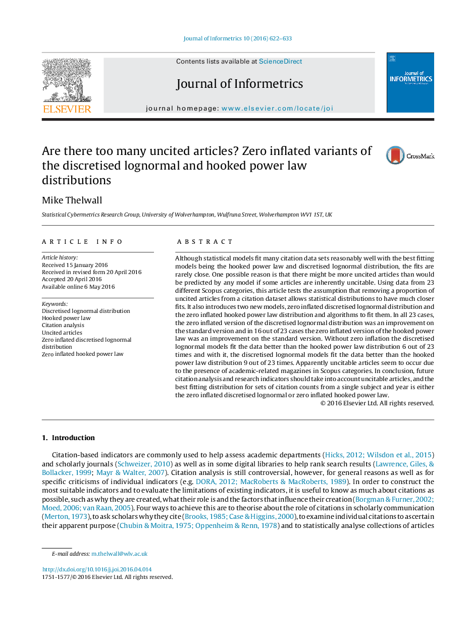 Are there too many uncited articles? Zero inflated variants of the discretised lognormal and hooked power law distributions