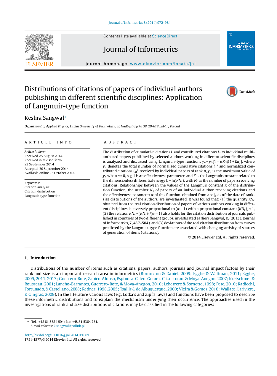 Distributions of citations of papers of individual authors publishing in different scientific disciplines: Application of Langmuir-type function