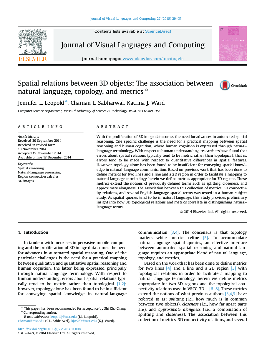 Spatial relations between 3D objects: The association between natural language, topology, and metrics 