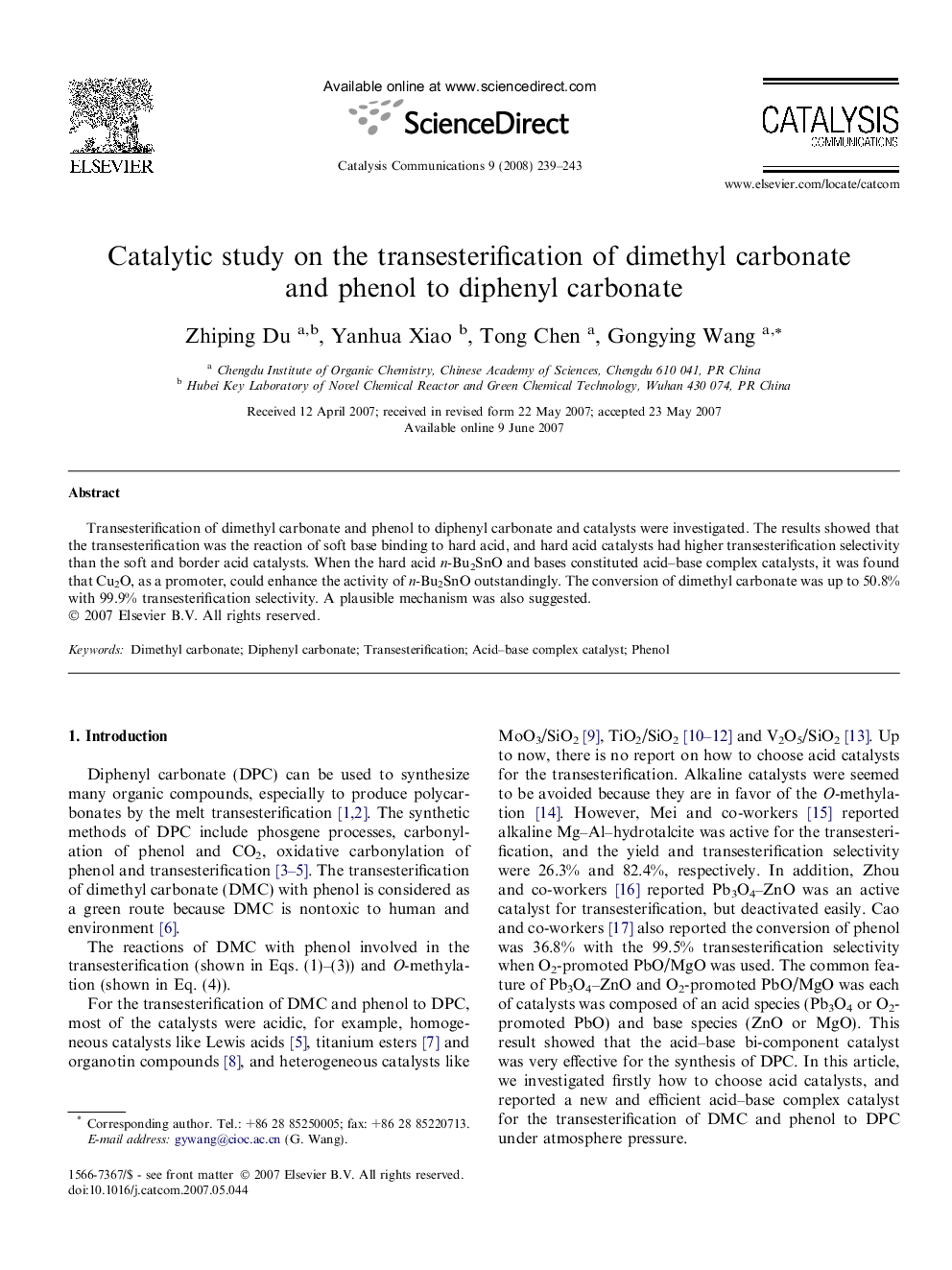 Catalytic study on the transesterification of dimethyl carbonate and phenol to diphenyl carbonate