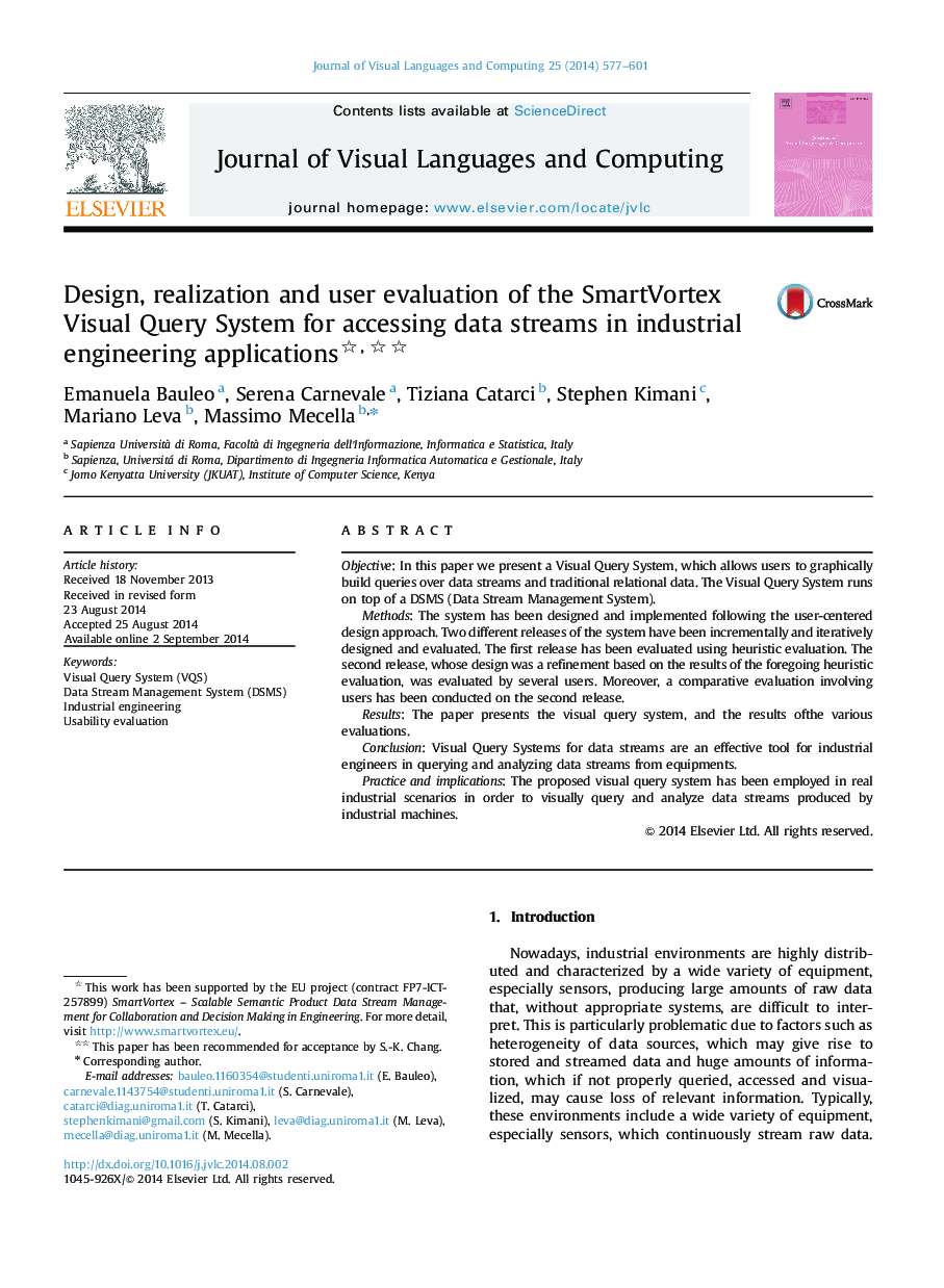 Design, realization and user evaluation of the SmartVortex Visual Query System for accessing data streams in industrial engineering applications 