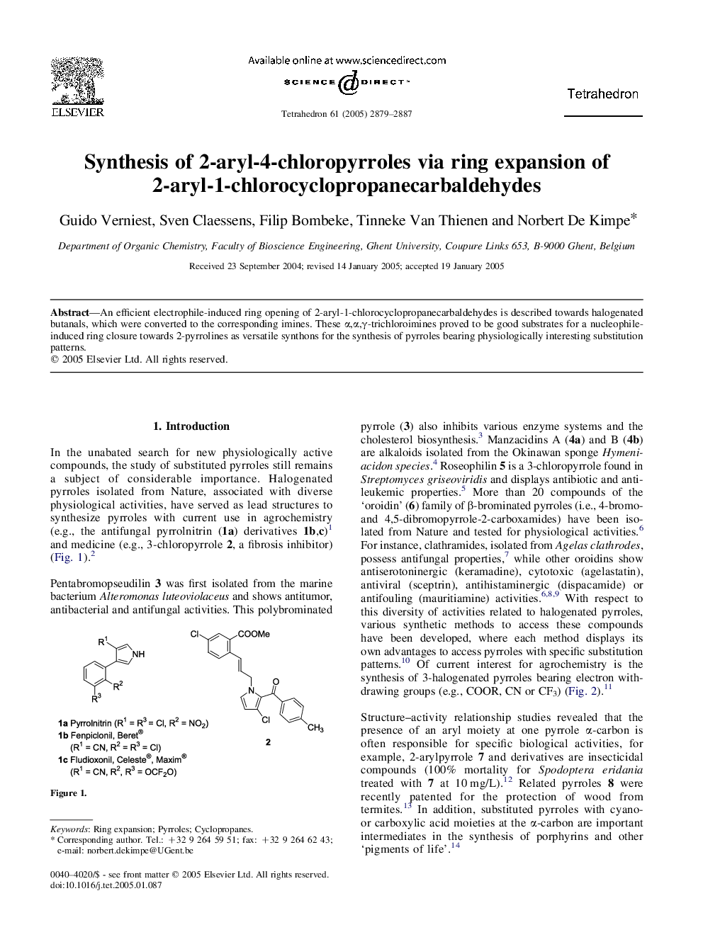 Synthesis of 2-aryl-4-chloropyrroles via ring expansion of 2-aryl-1-chlorocyclopropanecarbaldehydes