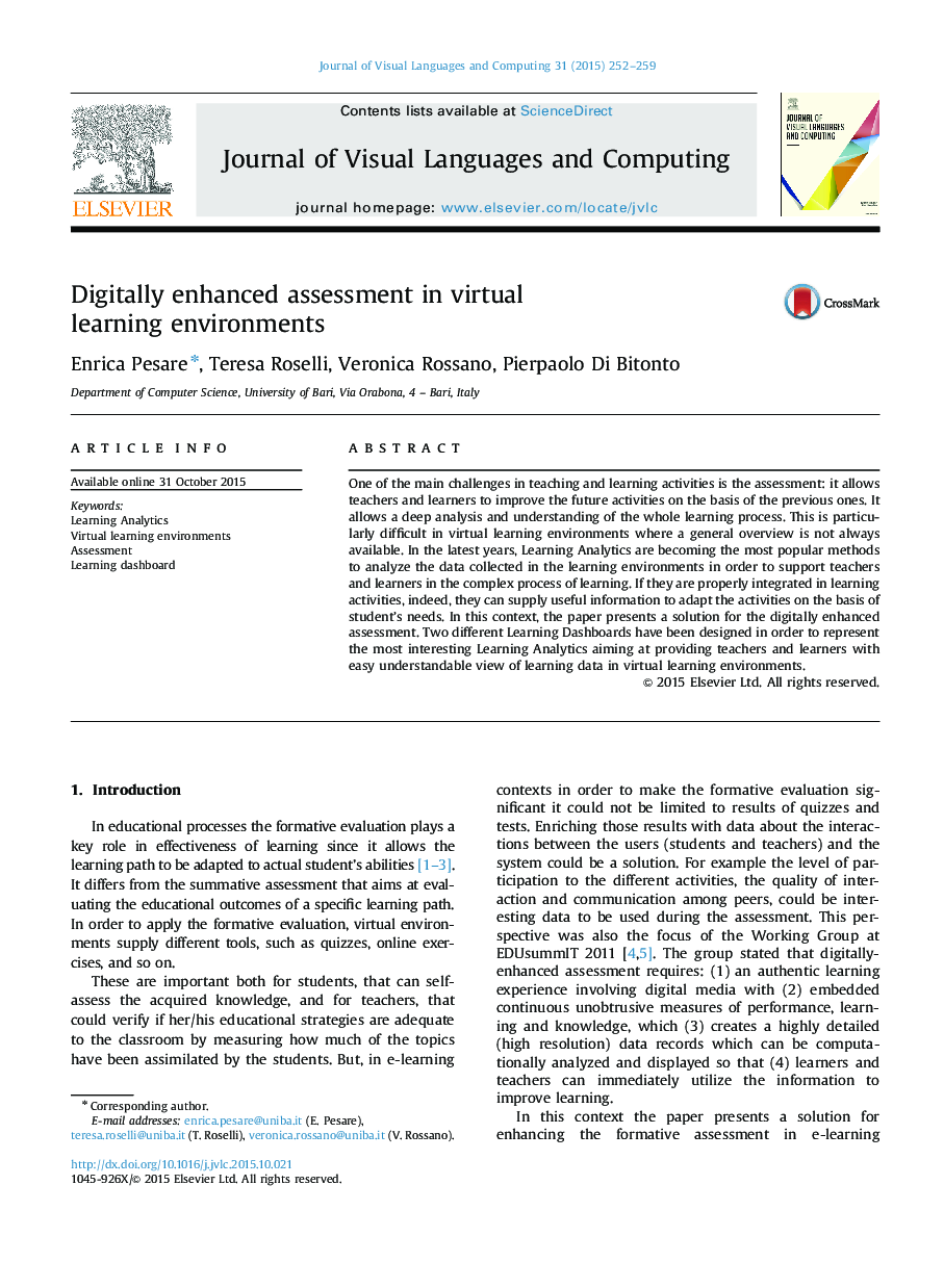 Digitally enhanced assessment in virtual learning environments