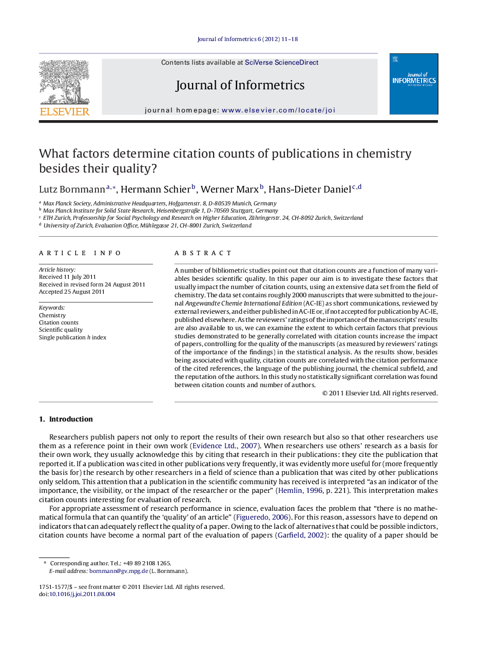 What factors determine citation counts of publications in chemistry besides their quality?