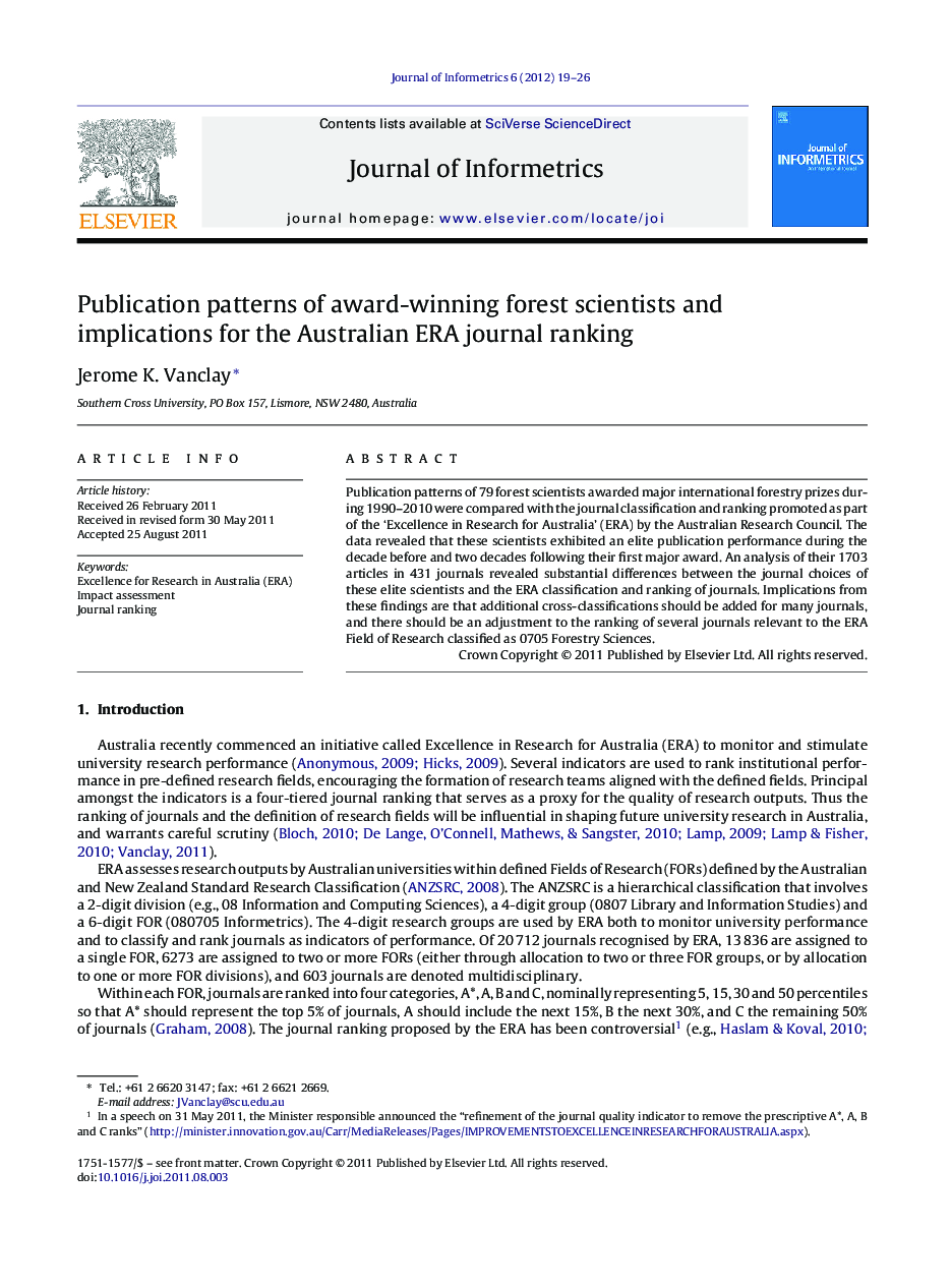 Publication patterns of award-winning forest scientists and implications for the Australian ERA journal ranking
