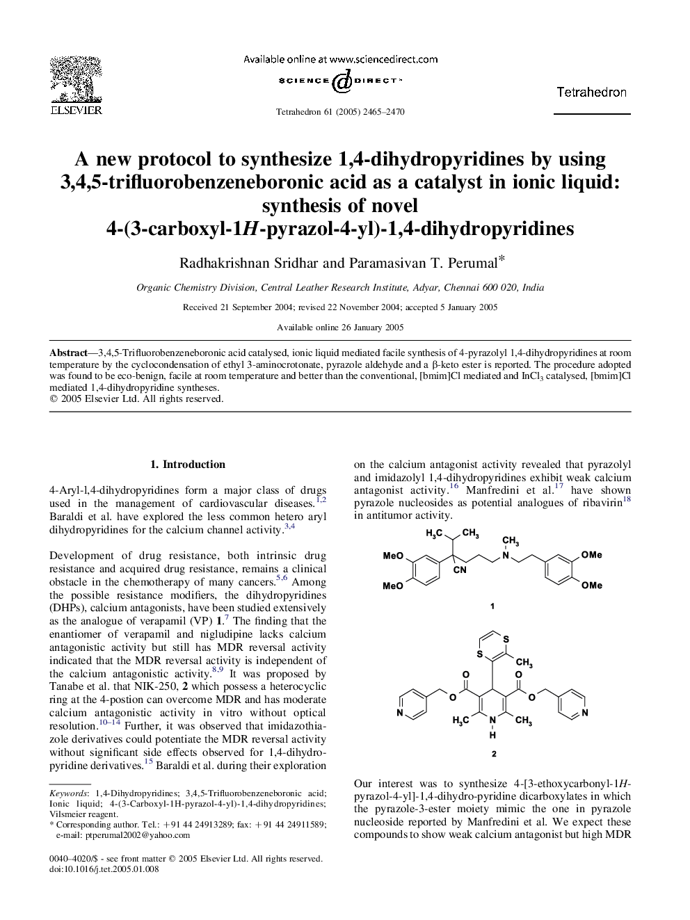 A new protocol to synthesize 1,4-dihydropyridines by using 3,4,5-trifluorobenzeneboronic acid as a catalyst in ionic liquid: synthesis of novel 4-(3-carboxyl-1H-pyrazol-4-yl)-1,4-dihydropyridines