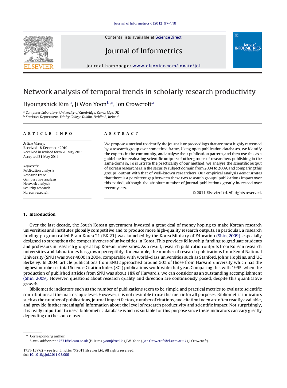 Network analysis of temporal trends in scholarly research productivity