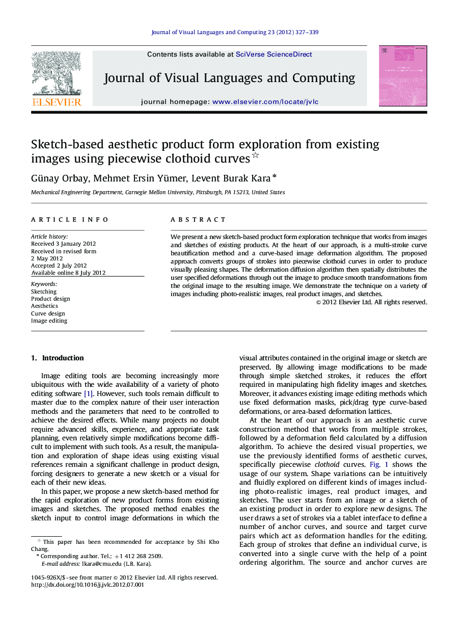 Sketch-based aesthetic product form exploration from existing images using piecewise clothoid curves 