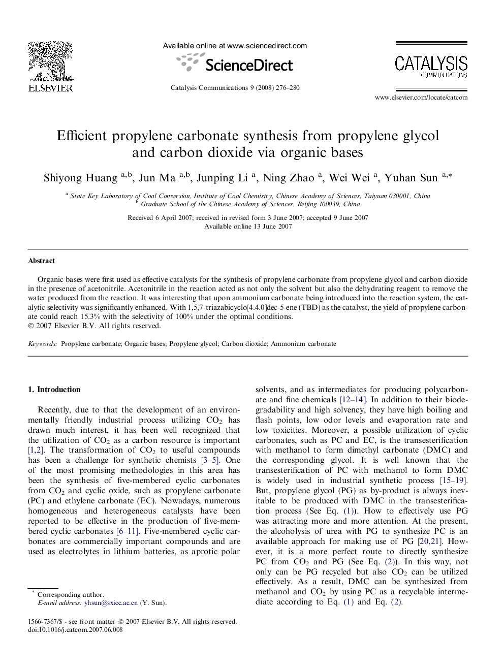 Efficient propylene carbonate synthesis from propylene glycol and carbon dioxide via organic bases