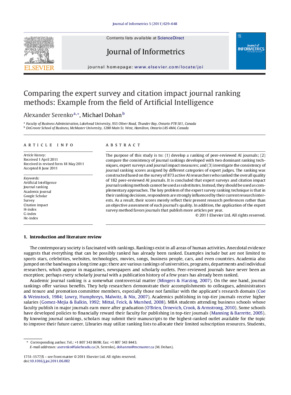 Comparing the expert survey and citation impact journal ranking methods: Example from the field of Artificial Intelligence