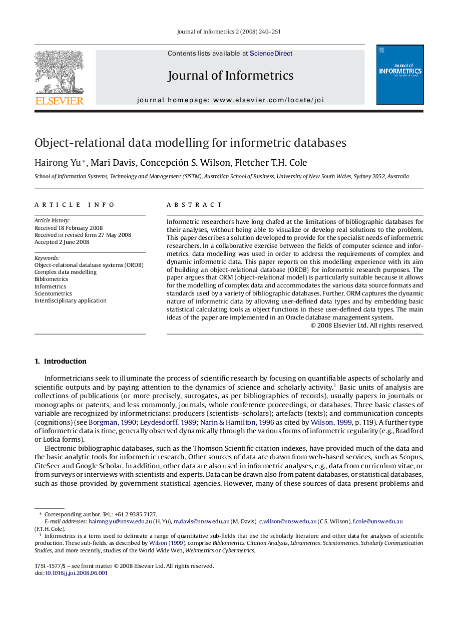 Object-relational data modelling for informetric databases