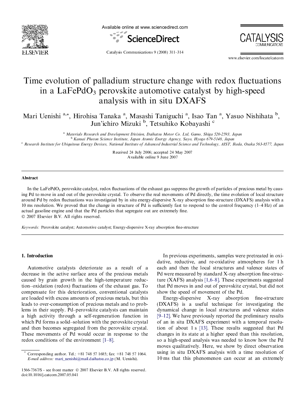 Time evolution of palladium structure change with redox fluctuations in a LaFePdO3 perovskite automotive catalyst by high-speed analysis with in situ DXAFS