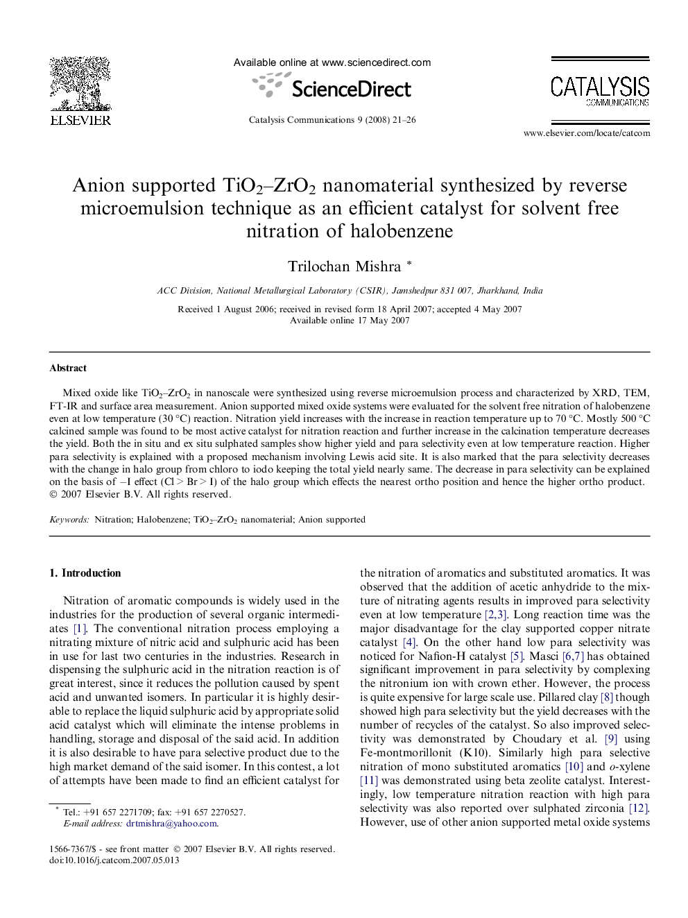 Anion supported TiO2–ZrO2 nanomaterial synthesized by reverse microemulsion technique as an efficient catalyst for solvent free nitration of halobenzene