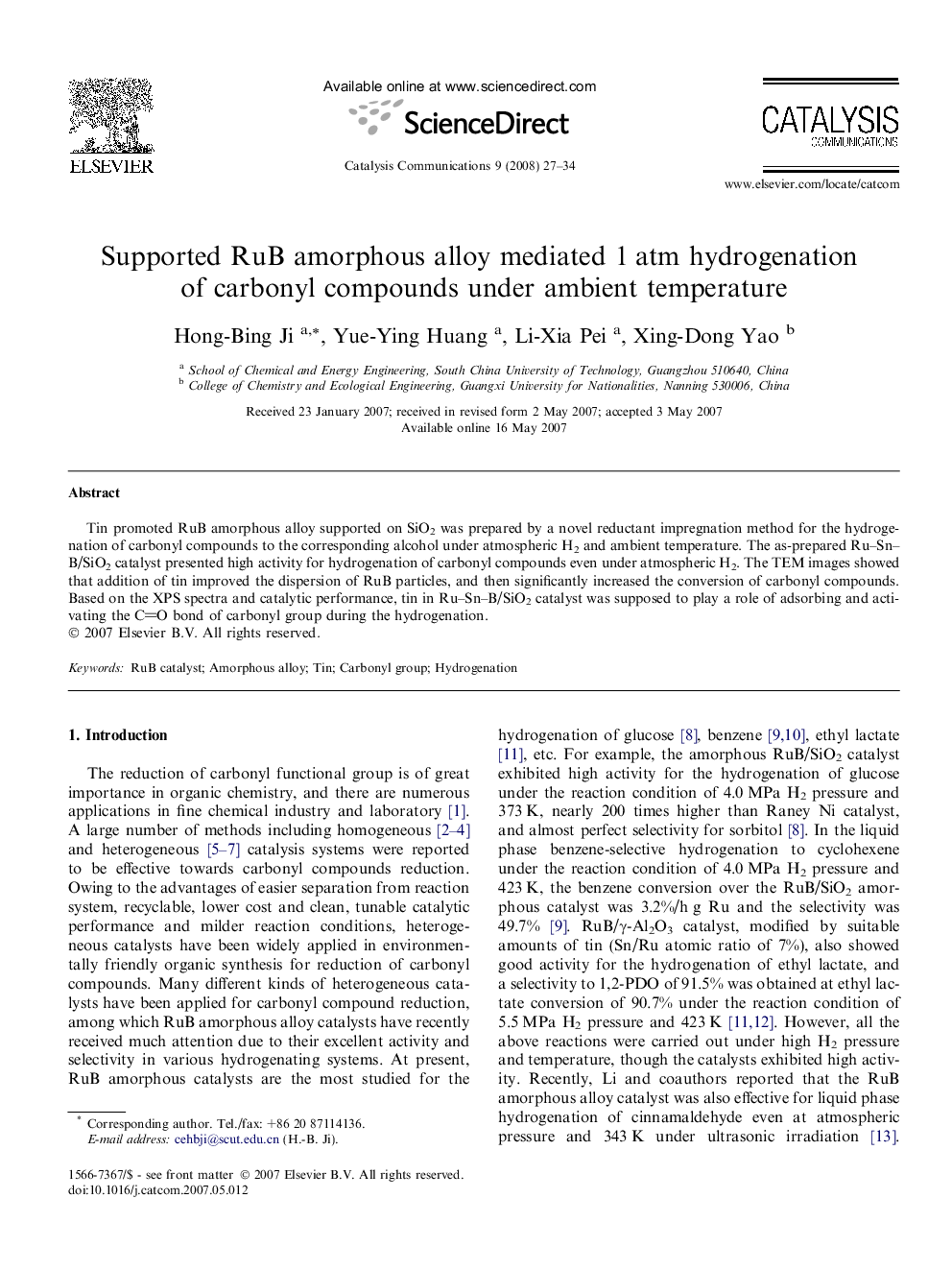 Supported RuB amorphous alloy mediated 1 atm hydrogenation of carbonyl compounds under ambient temperature