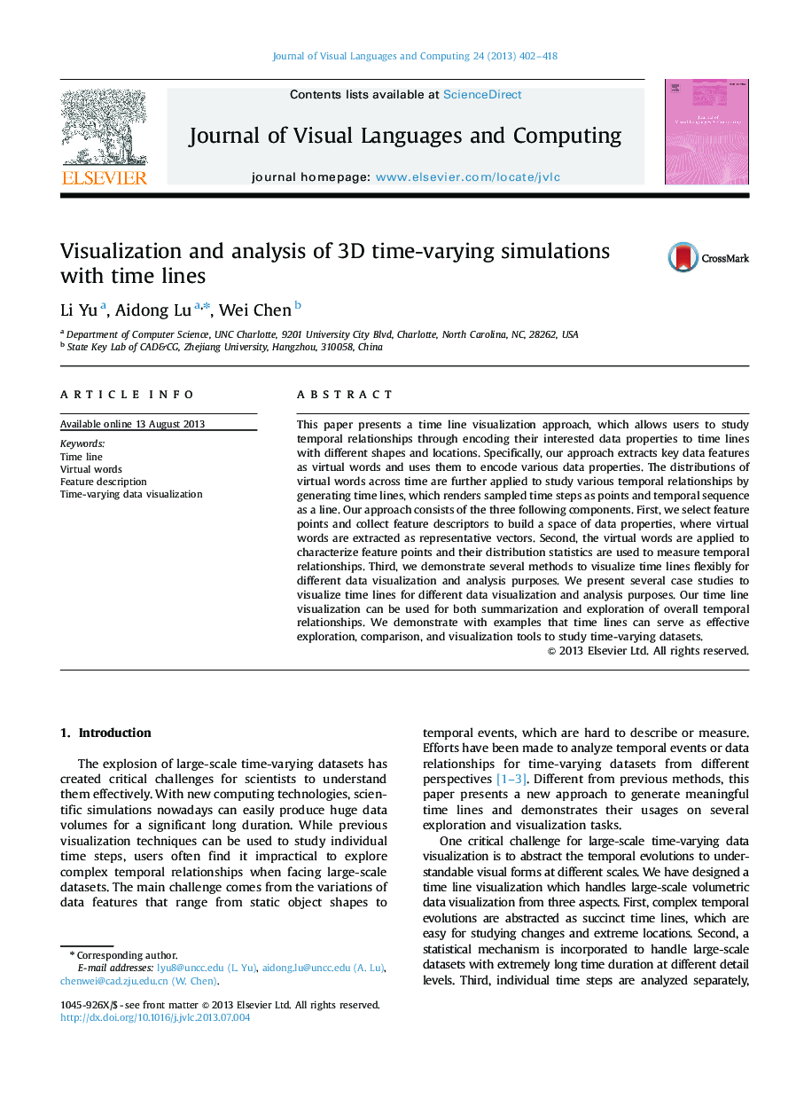 Visualization and analysis of 3D time-varying simulations with time lines