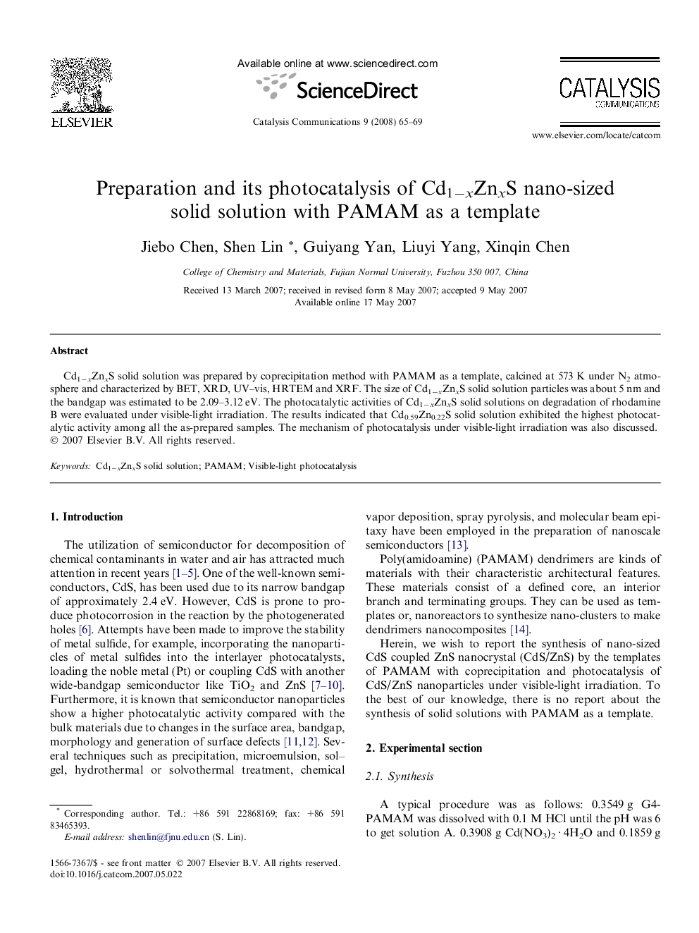 Preparation and its photocatalysis of Cd1−xZnxS nano-sized solid solution with PAMAM as a template