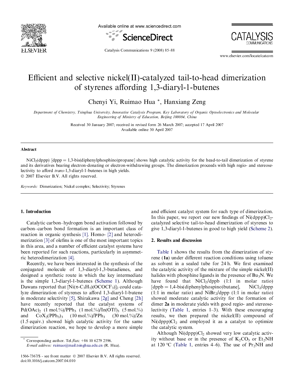 Efficient and selective nickel(II)-catalyzed tail-to-head dimerization of styrenes affording 1,3-diaryl-1-butenes