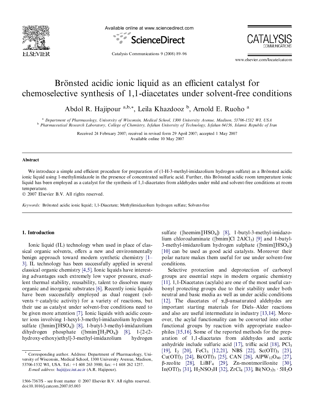 Brönsted acidic ionic liquid as an efficient catalyst for chemoselective synthesis of 1,1-diacetates under solvent-free conditions