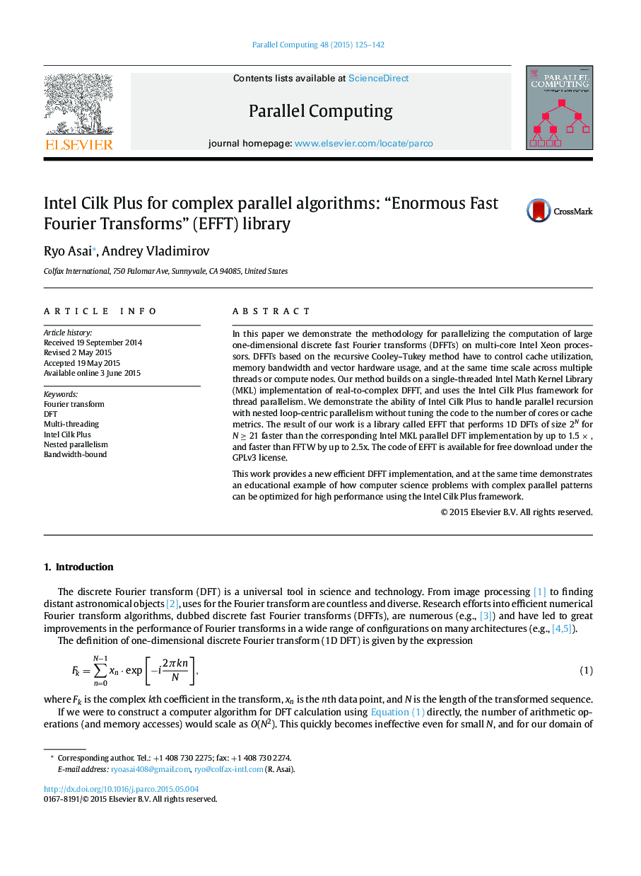 Intel Cilk Plus for complex parallel algorithms: “Enormous Fast Fourier Transforms” (EFFT) library